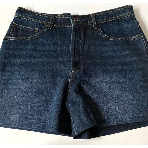 Massimo Dutti Denim Shorts 10 Blue Dark Wash Button Fly Faux Leather Pocket NWT - Picture 4 of 16